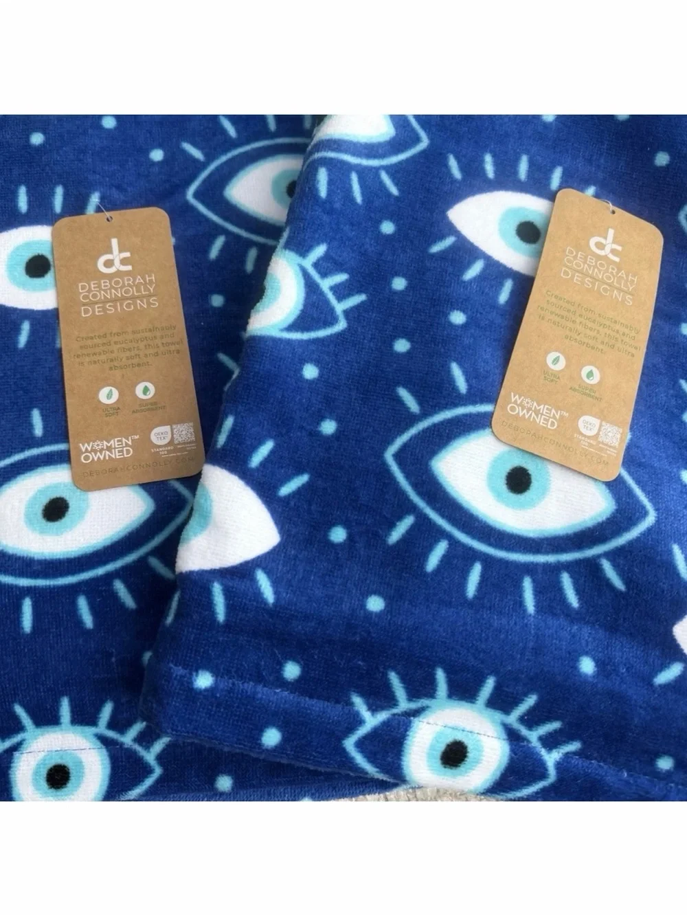 Deborah Connolly Designs Evil Eye Beach Towel 2pc Set  Oversized 36x68 Blue NWT